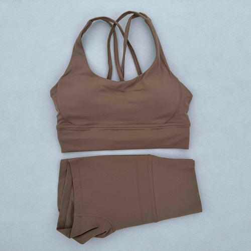 Yoga Clothes Set 2 Piece Gym Sports Shorts Set Women Cross Back Bra