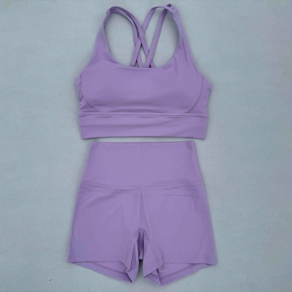 Yoga Clothes Set 2 Piece Gym Sports Shorts Set Women Cross Back Bra