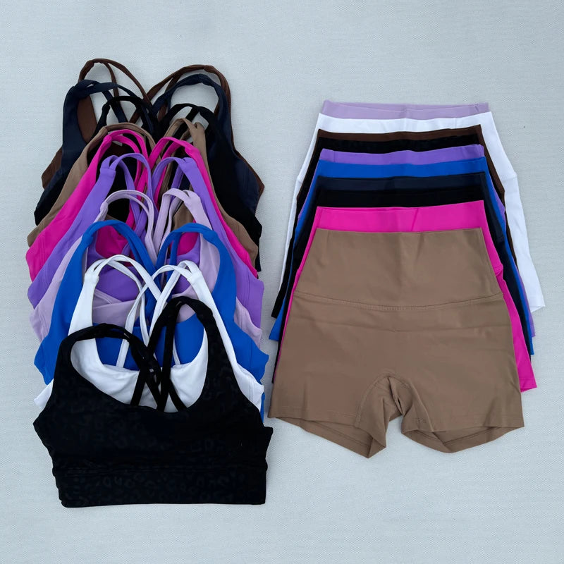Yoga Clothes Set 2 Piece Gym Sports Shorts Set Women Cross Back Bra