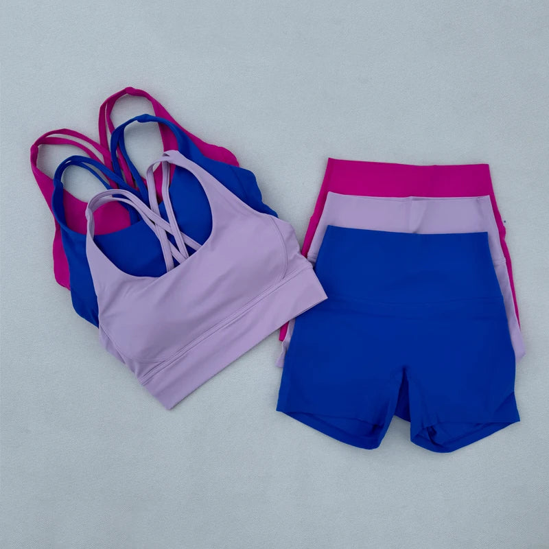 Yoga Clothes Set 2 Piece Gym Sports Shorts Set Women Cross Back Bra